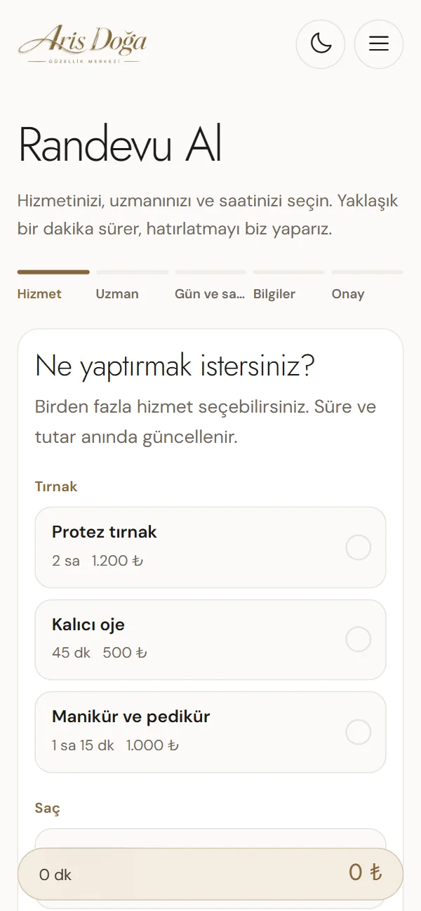 Aris Doğa Güzellik Merkezi randevu sayfası