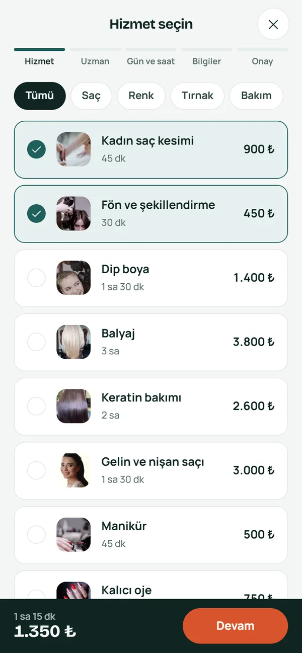 Online randevu: hizmet seçimi ekranı