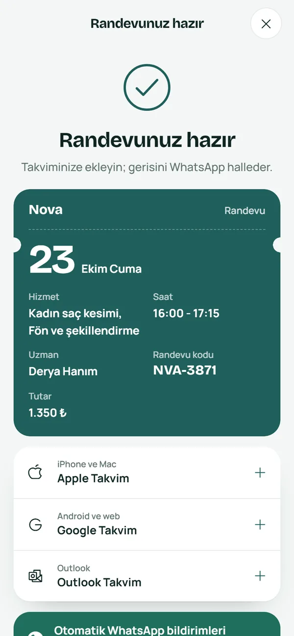 Randevu onayı ve takvime ekleme ekranı