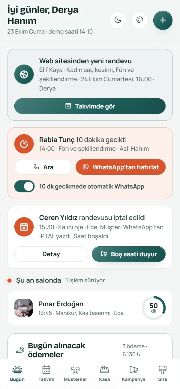 İşletme panelinde web sitesinden gelen yeni randevu