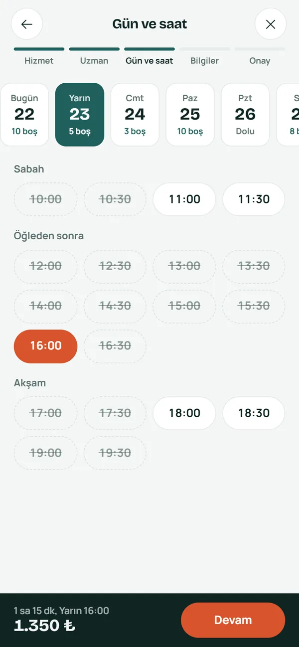 Gün ve saat seçimi ekranı