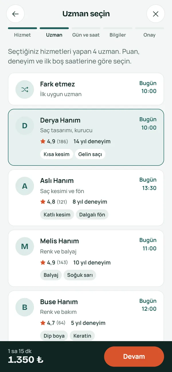 Uzman seçimi ekranı